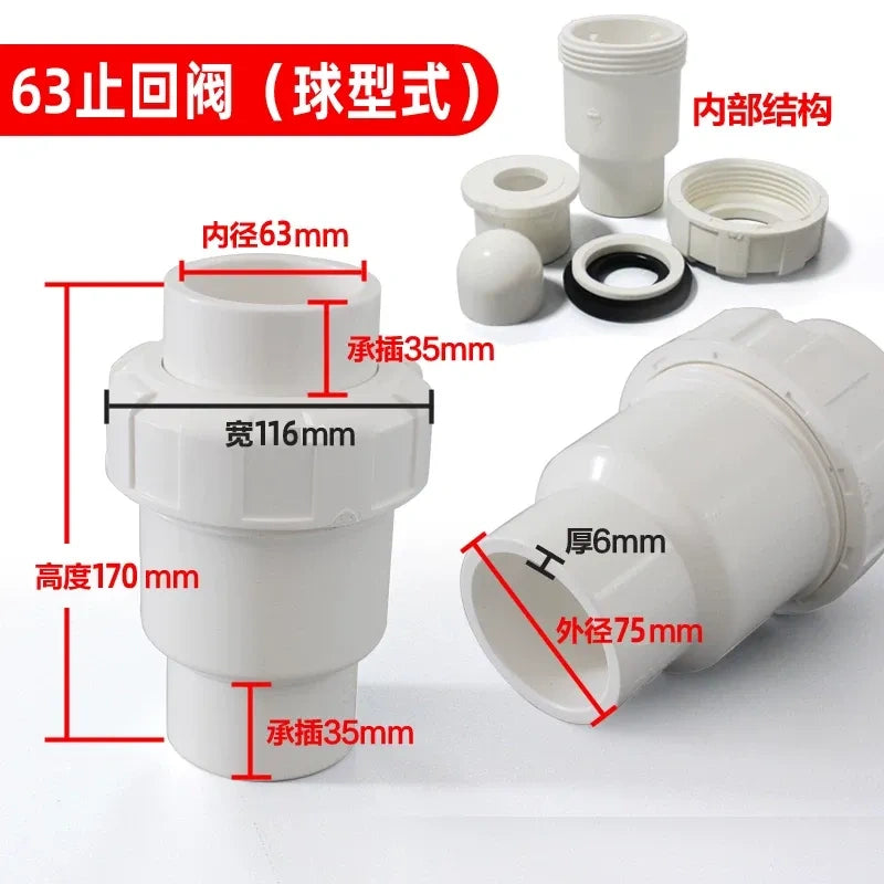 PVC Ball Check Valve, Non Return One Way Valve for Drainage Pipe, Sizes 20/25/32/40/50/63/75/90/110mm
