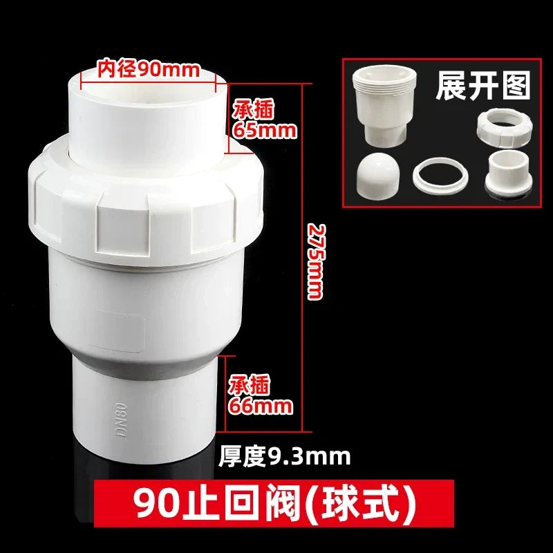 PVC Ball Check Valve, Non Return One Way Valve for Drainage Pipe, Sizes 20/25/32/40/50/63/75/90/110mm