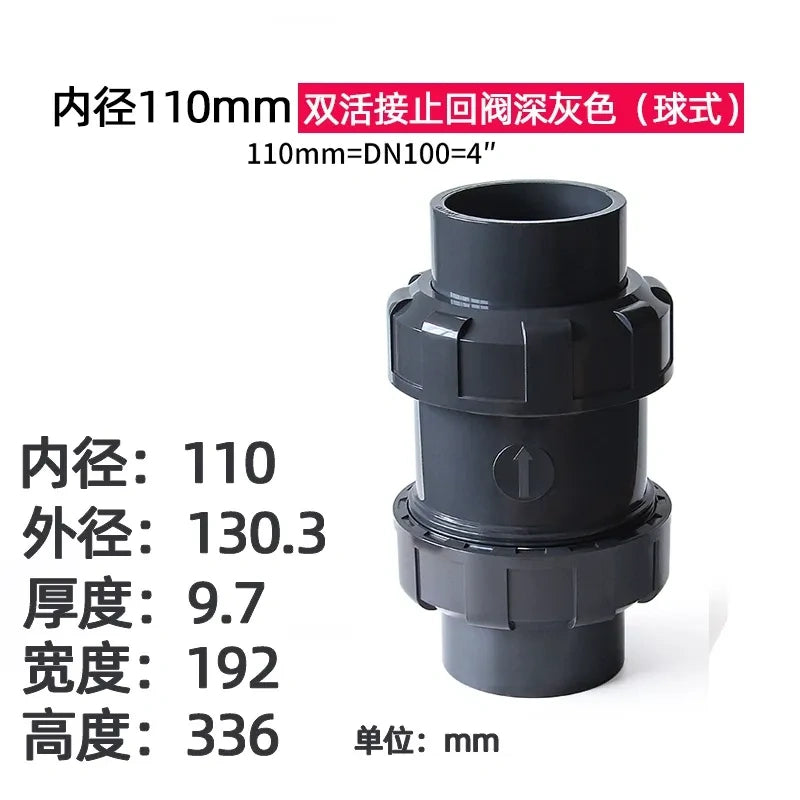 PVC Ball Check Valve, Non Return One Way Valve for Drainage Pipe, Sizes 20/25/32/40/50/63/75/90/110mm