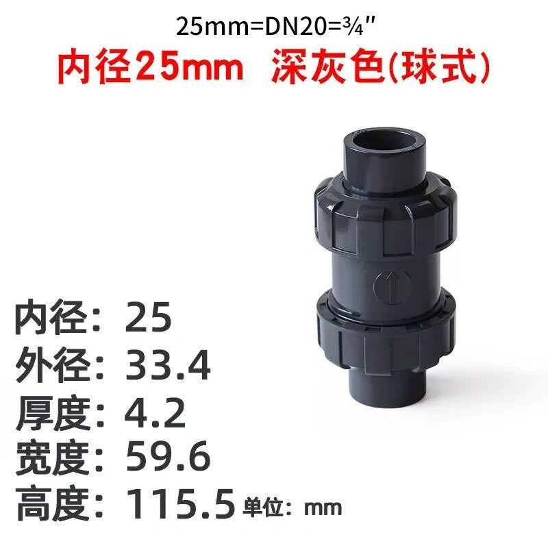 PVC Ball Check Valve, Non Return One Way Valve for Drainage Pipe, Sizes 20/25/32/40/50/63/75/90/110mm