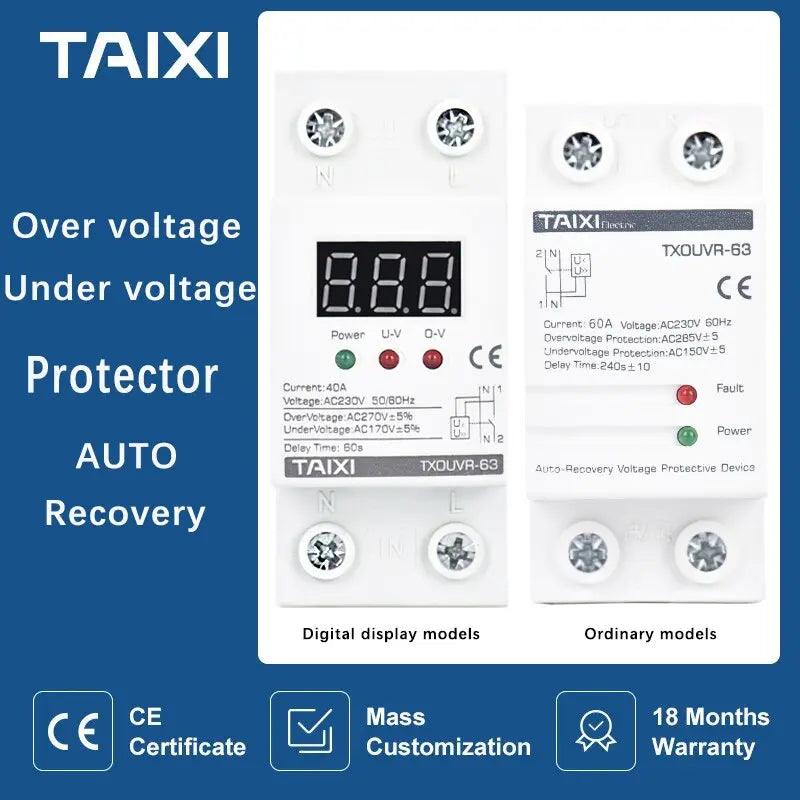 TAIXI- AC230V 40A 63A Din Rail Automatic Reconnect Over /Under Voltage Protecor - electrical center b2c