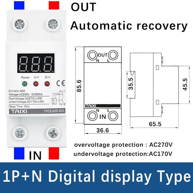 TAIXI- AC230V 40A 63A Din Rail Automatic Reconnect Over /Under Voltage Protecor - electrical center b2c