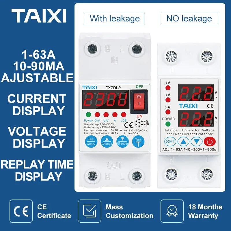 TAIXI- Adjustable1~63A Auto-Recovery Over/Under Voltage Protector - electrical center b2c