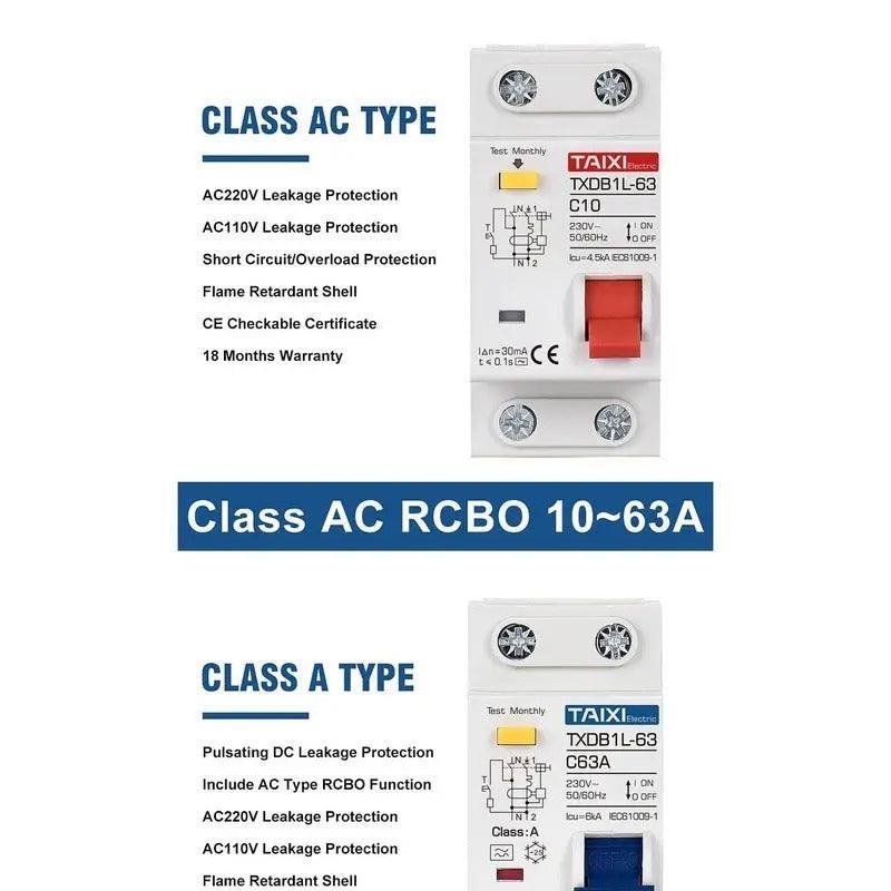 TAIXI-  Type A / AC RCBO DPNL Breaker 1P+N | 16A 20A 32A 40A 50A 63A - electrical center b2c