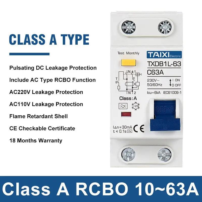TAIXI-  Type A / AC RCBO DPNL Breaker 1P+N | 16A 20A 32A 40A 50A 63A - electrical center b2c