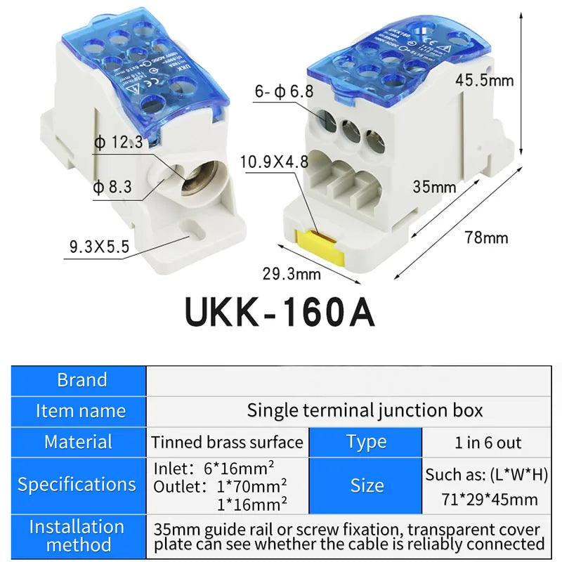 UKK 160A One in multiple-out distribution box Din Rail Terminal Blocks Universal wire connector junction box waterproof