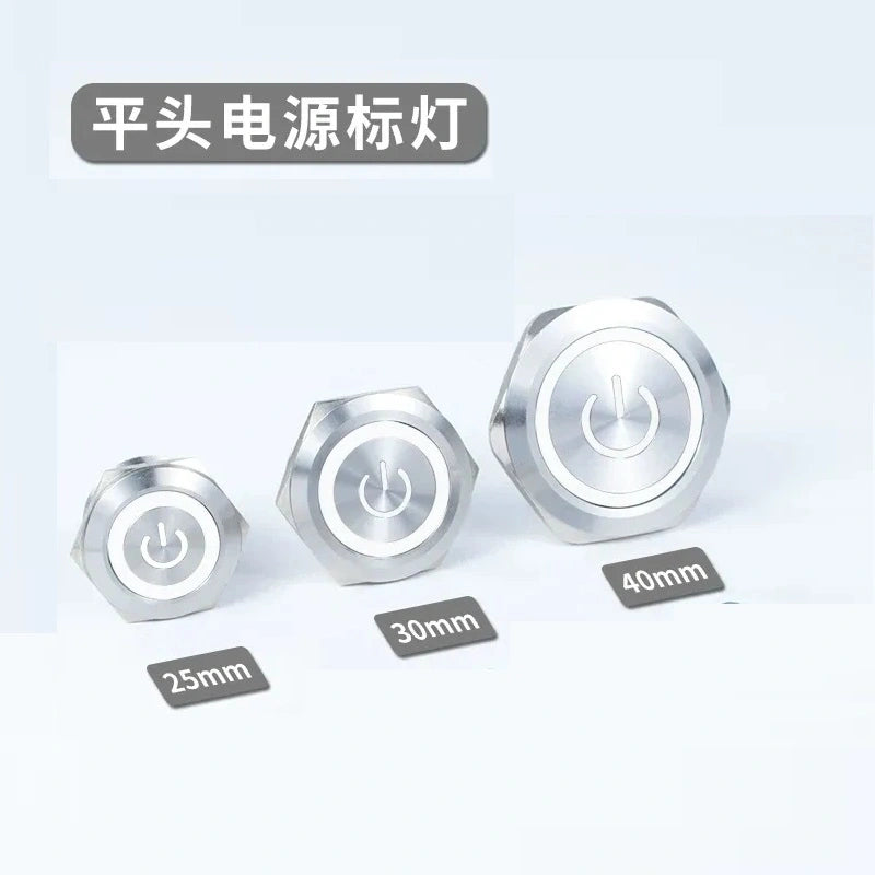 25mm latching switch,30mm momentary button,40mm power symbol button,ip65 waterproof metal switch,nickel?€?plated brass button,large size push button with white power led light
