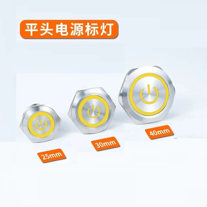25mm latching switch,30mm momentary button,40mm power symbol button,ip65 waterproof metal switch,nickel?€?plated brass button,large size push button with yellow power led light
