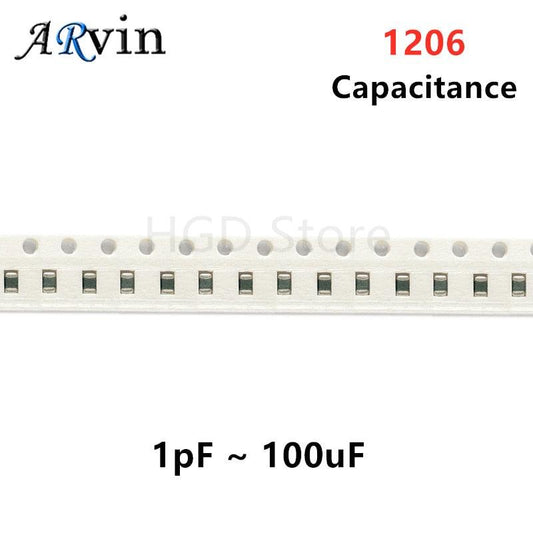 100pcs 1206 SMD 1PF-100UF X7R Error 5% 10pF 100pF 470pF 100nF 220nF 1UF 10uf 47UF 2.2UF 22UF 100uF Multilayer Ceramic Capacitor.