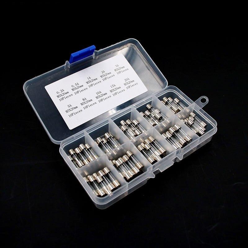 100Pcs Set 5x20mm Quick Blow Glass Tube Fuse Assorted Kits Fast-blow Glass Fuses 0.2A 0.5A 1A 2A 3A 5A 8A 10A 15A 20A 30A Box.