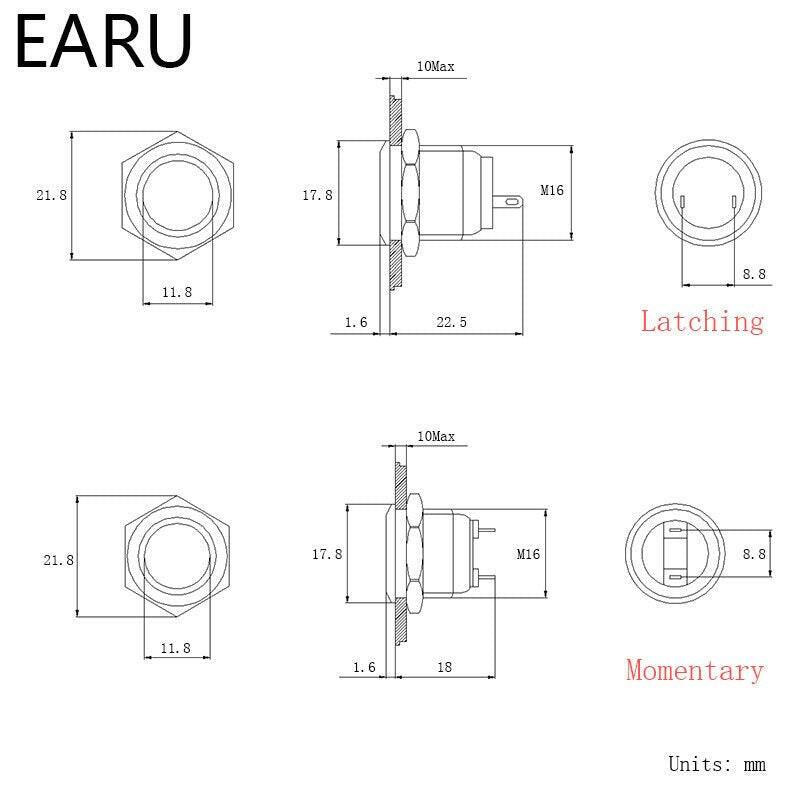 16mm Short Type Metal Push Button Switch Waterproof NO Fixation.