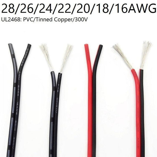 2 Pin Wire Electric Copper Cable 28 26 24 22 20 18 16 AWG LED Strip Lamp Lighting Cable PVC Extend Cord White Black Red UL2468.