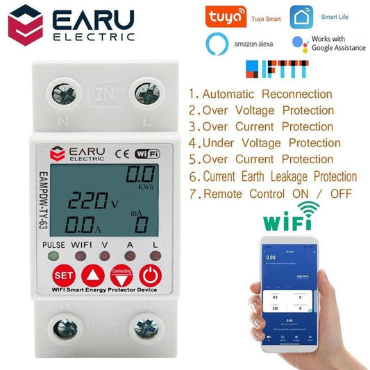 2P 63A TUYA APP WiFi Smart Circuit Earth Leakage Over Under Voltage Protector Relay Device Switch Breaker Energy Power kWh Meter.eampdw-ty-63