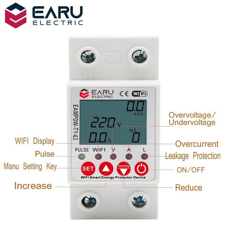 2P 63A TUYA APP WiFi Smart Circuit Earth Leakage Over Under Voltage Protector Relay Device Switch Breaker Energy Power kWh Meter.eampdw-ty-63