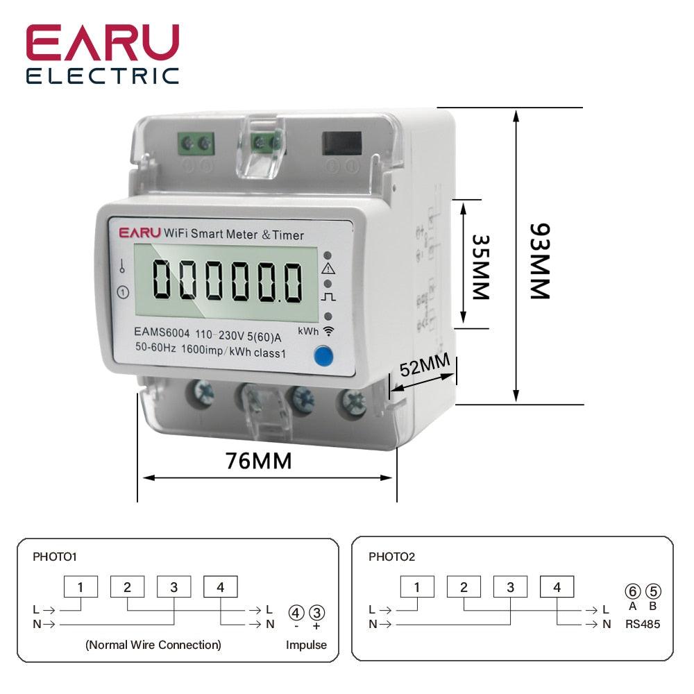 60A AC110-230V TUYA Single Phase WIFI Smart Energy Meter Kwh Monitoring Circuit Breaker Timer Voltage Current Protection RS485.