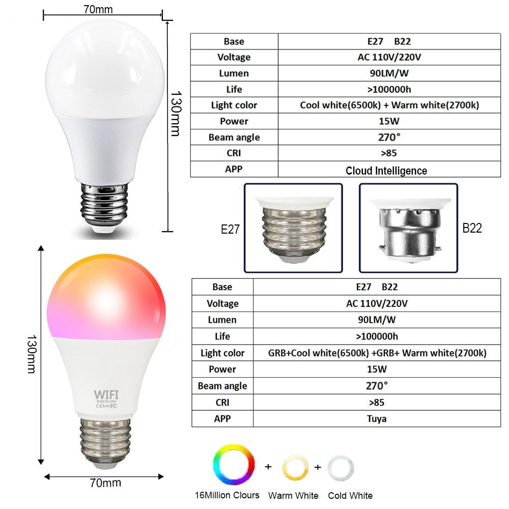 Dimmable 15W WiFi Smart Light Bulb B22 E27 LED RGB Lamp Work with Alexa/Google Home RGB+White Dimmable Timer Function Magic Bulb.