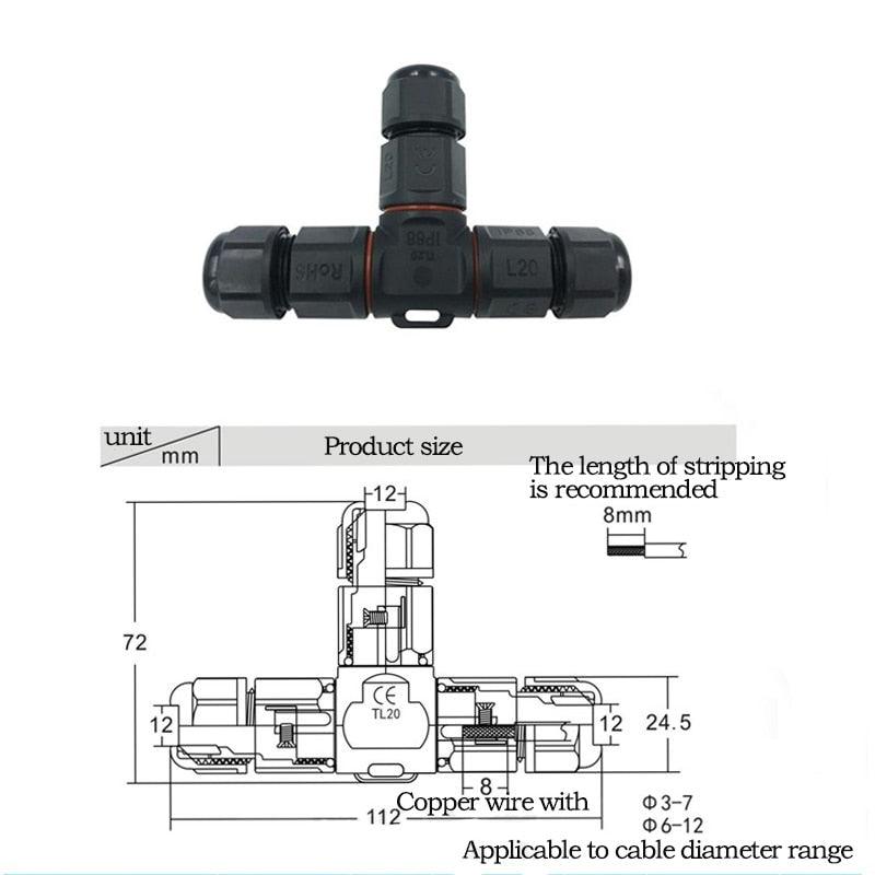 IP68 Waterproof Connector T-Type TL20 2/3 Pin Electrical Terminal Adapter Wire Connector.